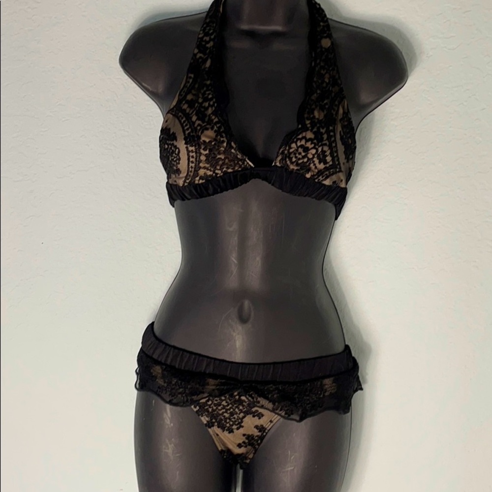 NakedGirl™️ Bikini. Nude w/ black lace overlay.